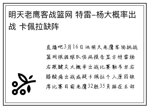 明天老鹰客战篮网 特雷-杨大概率出战 卡佩拉缺阵